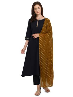 Navy Blue Solid Poly Crepe Kurta with Pant and Dupatta 1