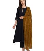 Navy Blue Solid Poly Crepe Kurta with Pant and Dupatta