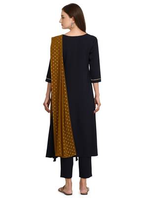 Navy Blue Solid Poly Crepe Kurta with Pant and Dupatta 2