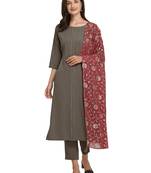 Grey Solid Poly Crepe Kurta with Pant and Dupatta