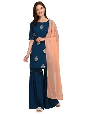 Blue Printed Poly Crepe Kurta With Sharara And Dupatta 1