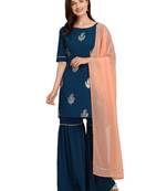 Blue Printed Poly Crepe Kurta With Sharara And Dupatta
