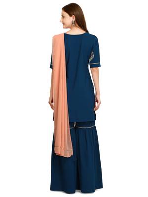Blue Printed Poly Crepe Kurta With Sharara And Dupatta 2