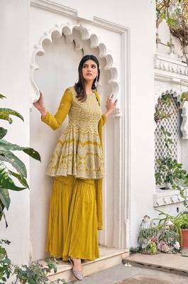 women's Viscose Georgette Yellow Sharara Suit Embroidery Work with Dupatta Semi-Stitched suit 1