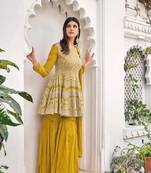 women's Viscose Georgette Yellow Sharara Suit Embroidery Work with Dupatta Semi-Stitched suit