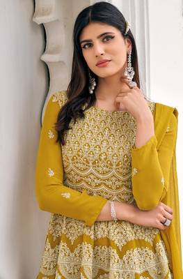 women's Viscose Georgette Yellow Sharara Suit Embroidery Work with Dupatta Semi-Stitched suit 2
