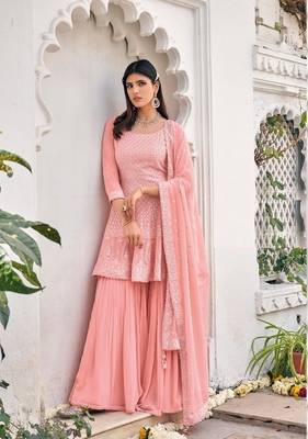 women's Viscose Georgette Pitch Sharara Suit Embroidery Work with Dupatta Semi-Stitched suit 1