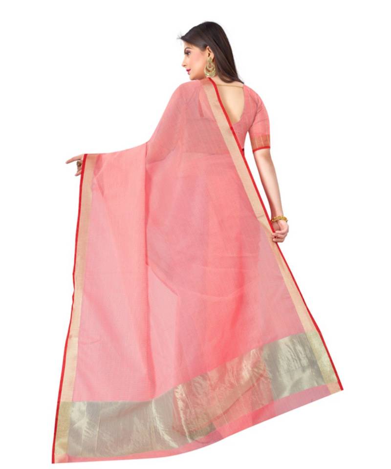 cotton Peach Color Self Woven Kota Doria Saree with blouse