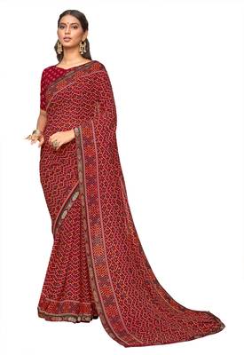Maroon printed polyester saree with blouse 1
