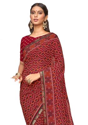 Maroon printed polyester saree with blouse 2
