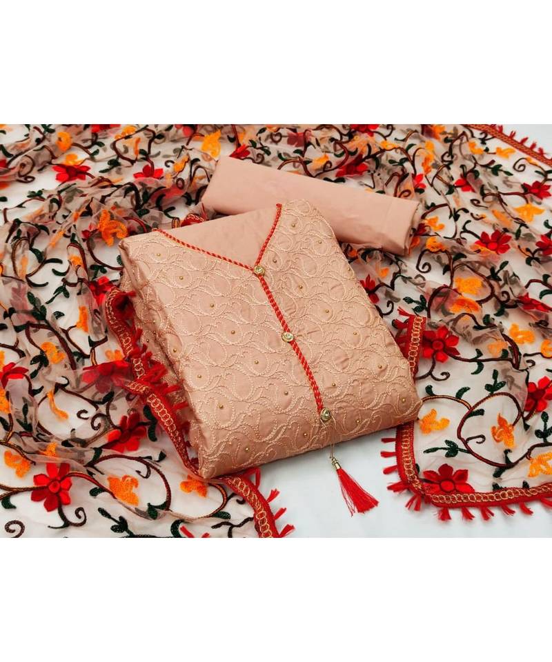 orange pure cotton unstitched embroidered top & bottom with dupatta