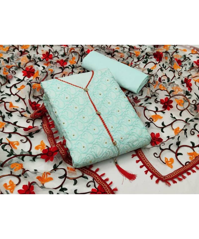 blue pure cotton unstitched embroidered top & bottom with dupatta