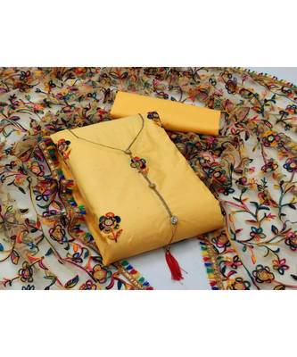 yellow pure cotton unstitched embroidered top & bottom with dupatta 1