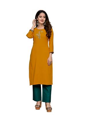 Orange cotton embroidered stitched   kurti 1