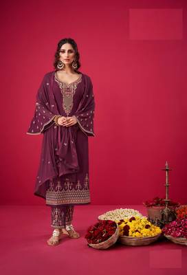 Purple Indian Hit Georgette Straight Suit Party Wedding Cocktail Wear Ethnic Women Girls Semi stitched suit 1