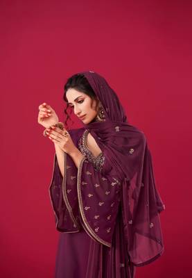 Purple Indian Hit Georgette Straight Suit Party Wedding Cocktail Wear Ethnic Women Girls Semi stitched suit 2