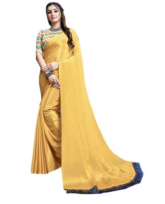 Mustard plain chiffon saree with blouse 1