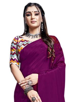Purple plain chiffon saree with blouse 3