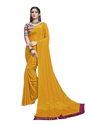 Mustard plain chiffon saree with blouse 1