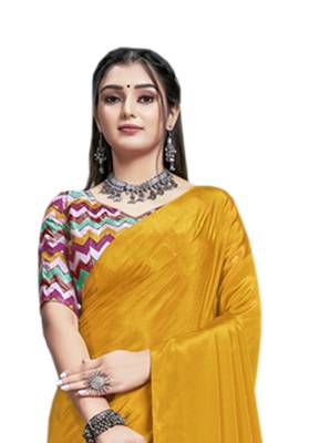 Mustard plain chiffon saree with blouse 3
