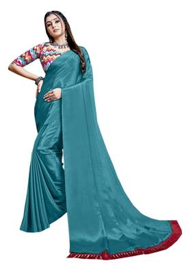 Teal plain chiffon saree with blouse 1