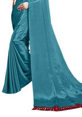 Teal plain chiffon saree with blouse 2