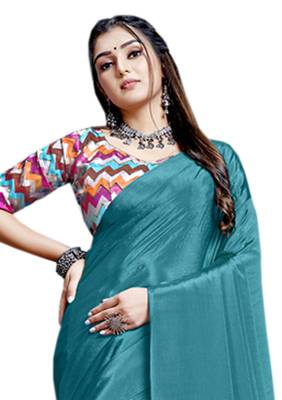 Teal plain chiffon saree with blouse 3