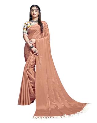 Brown plain chiffon saree with blouse 1