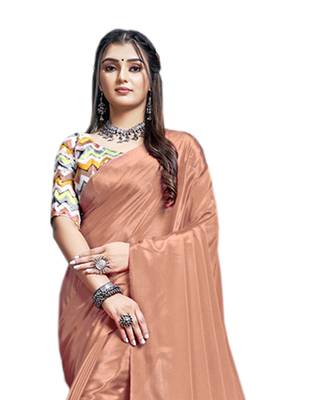 Brown plain chiffon saree with blouse 3