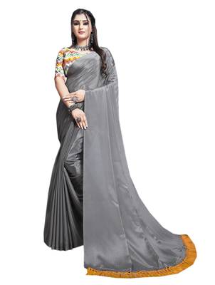 Grey plain chiffon saree with blouse 1