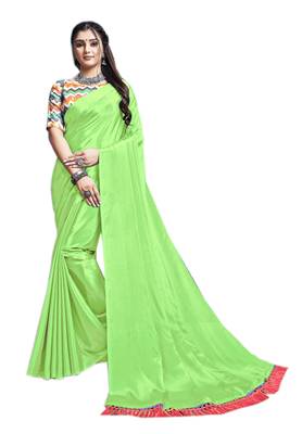 Green plain chiffon saree with blouse 1