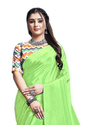Green plain chiffon saree with blouse 3