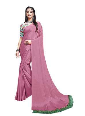 Pink plain chiffon saree with blouse 1