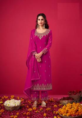Pink Indian Hit Georgette Straight Suit Party Wedding Cocktail Wear Ethnic Women Girls Semi stitched suit 1