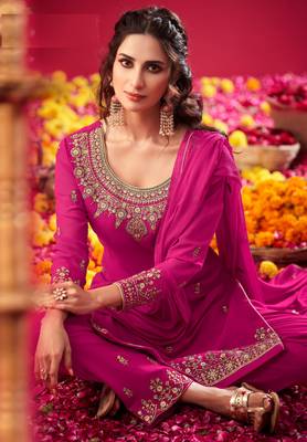 Pink Indian Hit Georgette Straight Suit Party Wedding Cocktail Wear Ethnic Women Girls Semi stitched suit 2