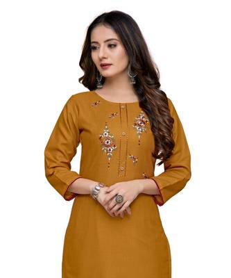 Orange cotton embroidered stitched   kurti 1