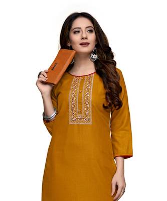 Yellow cotton embroidered stitched   kurti 1