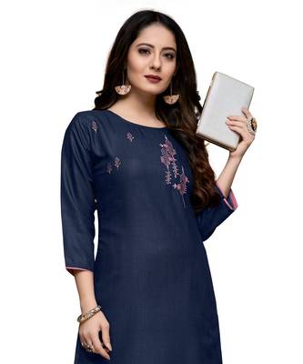 Blue cotton embroidered stitched   kurti 1