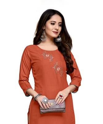 Orange cotton embroidered stitched   kurti 1