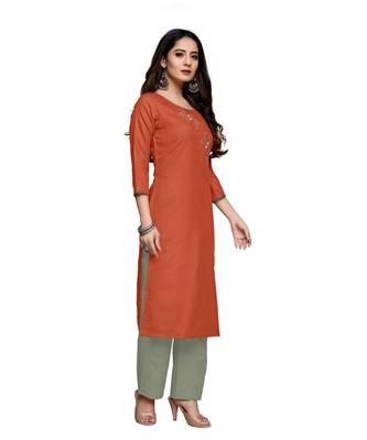 Orange cotton embroidered stitched   kurti 3