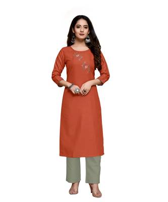 Orange cotton embroidered stitched   kurti 4