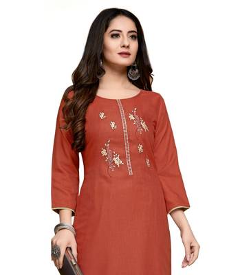 Orange cotton embroidered stitched   kurti 1
