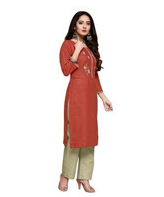 Orange cotton embroidered stitched   kurti 3