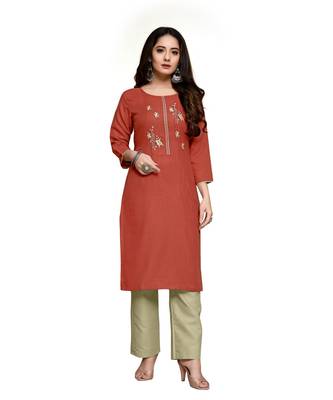 Orange cotton embroidered stitched   kurti 4