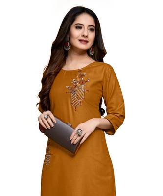 Yellow cotton embroidered stitched   kurti 2