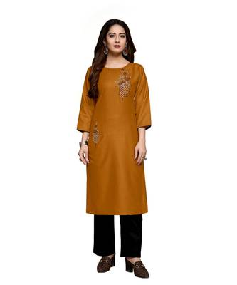 Yellow cotton embroidered stitched   kurti 4