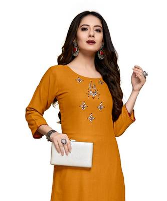 Yellow cotton embroidered stitched   kurti 1