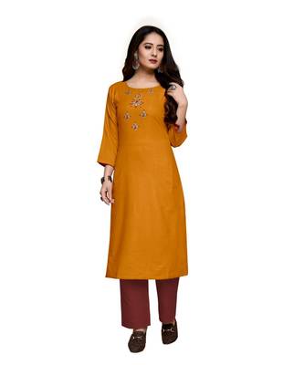 Yellow cotton embroidered stitched   kurti 4