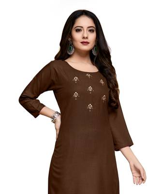brown cotton embroidered stitched   kurti 1