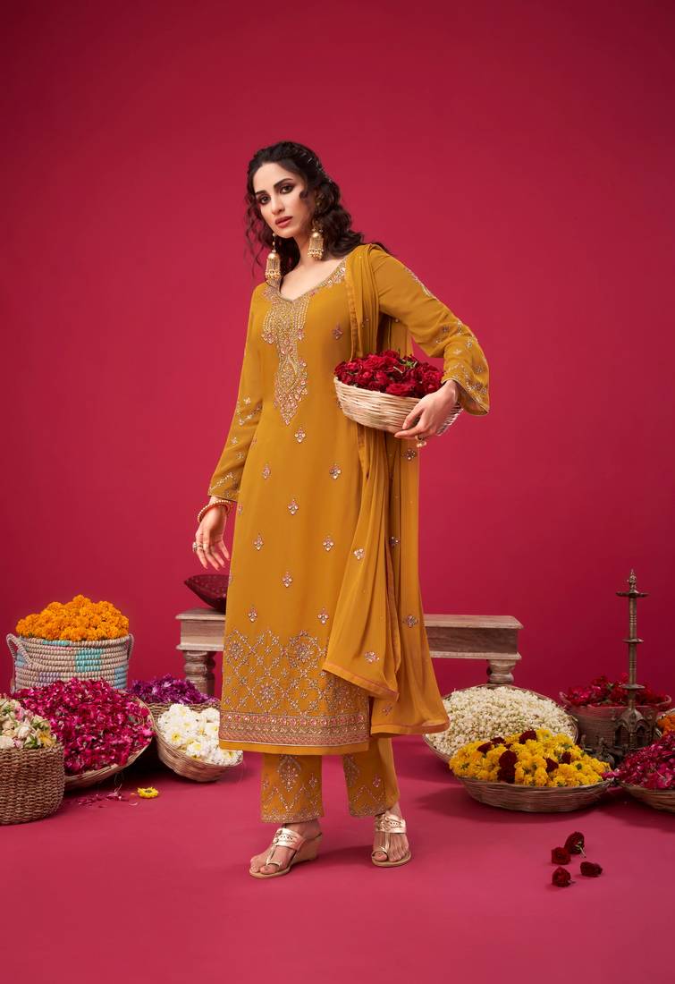 Yellow Wedding Ethnic Wear For Women Buy Yellow Glitter Printed
